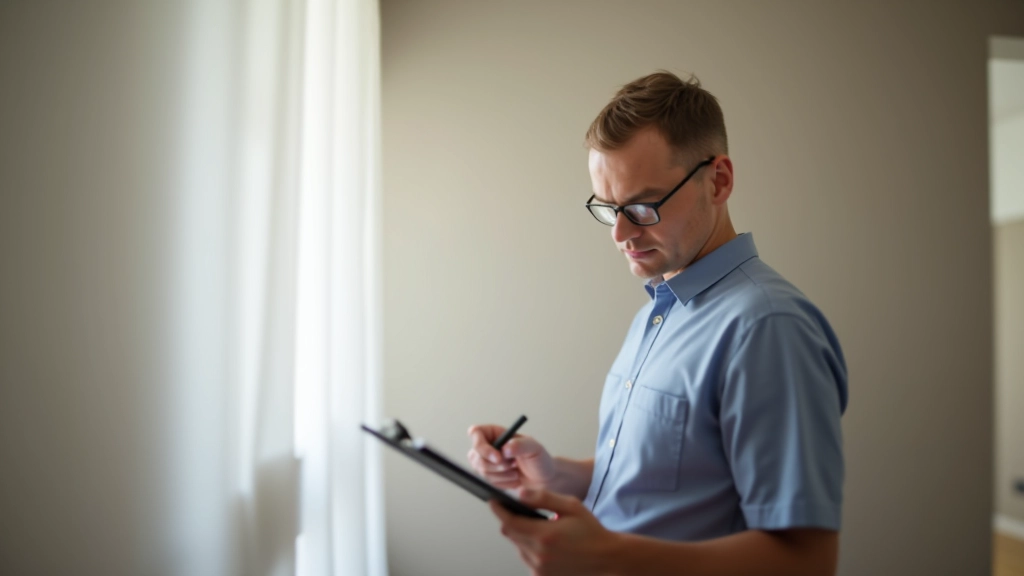 Inspecteur immobilier prenant des notes et des photos d'un logement vide