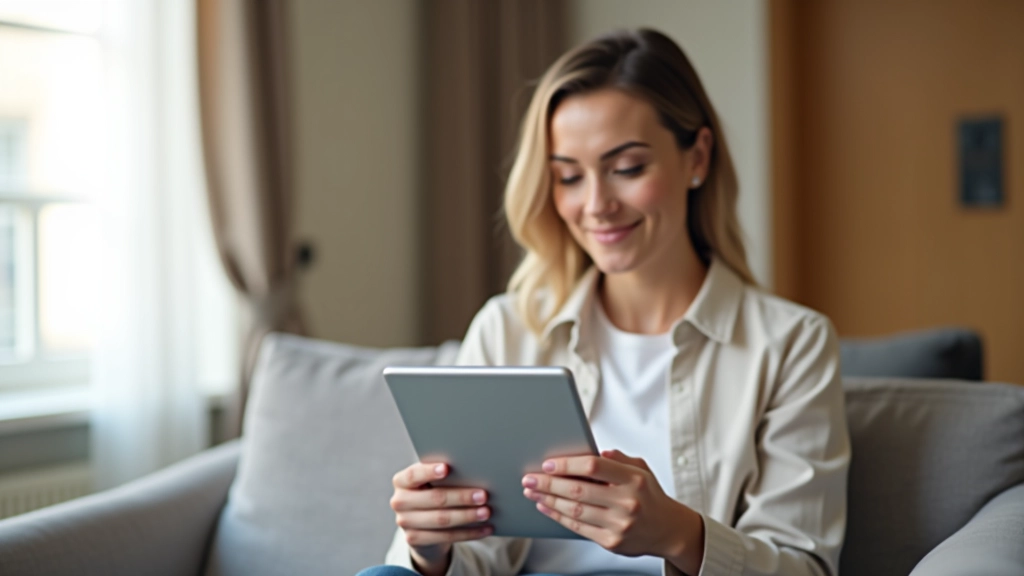 Locataire satisfait consultant des données de budget locatif sur tablette dans son appartement