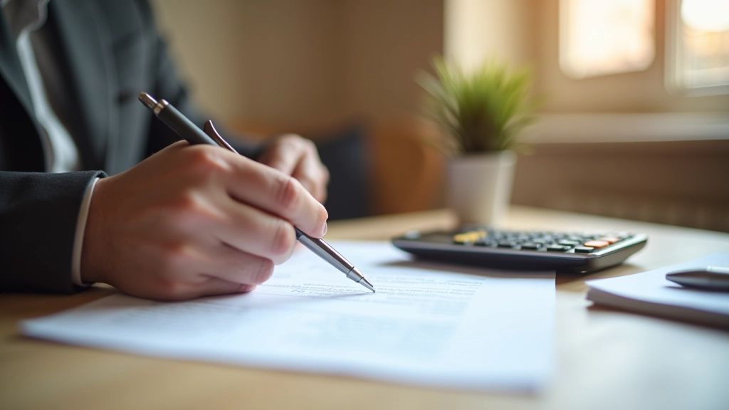 Locataire examinant un document de bail avec calculatrice et notes sur un bureau